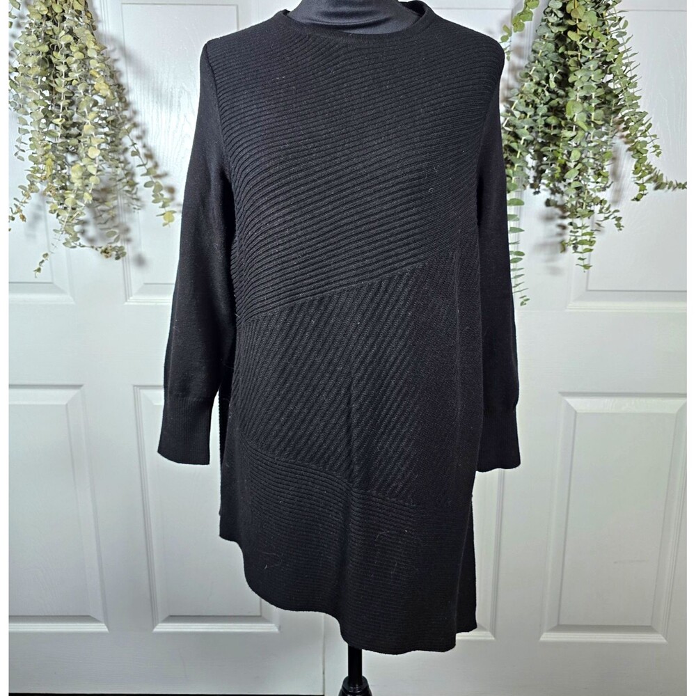 Chico's Black Rib-Knit Long Sleeve Pullover Sweater 2 Plus Lagenlook Asymmetric